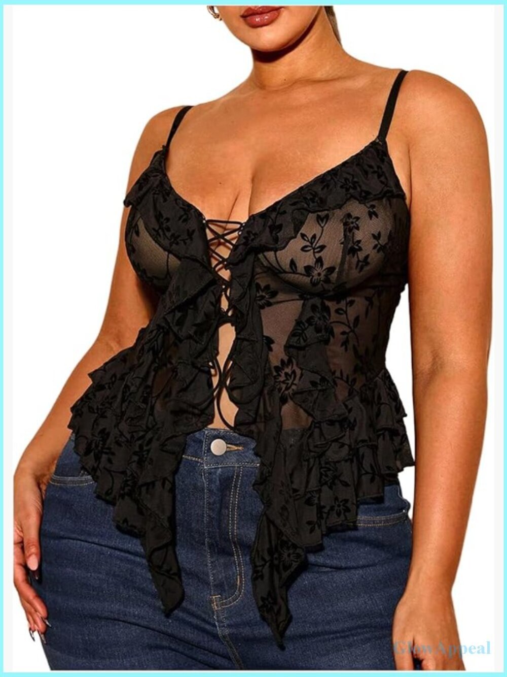 Plus Size Sheer Lace Up Cami Top Asymmetrical Ruffle Going Out Top